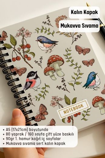Kuş ve Mantar Kalın Kapaklı A5 Defter resmi