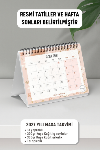 Altın Çiçekli 2027 Yılı Aylık Masa Takvimi Spiralli A6 resmi