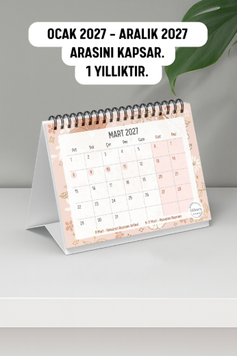 Altın Çiçekli 2027 Yılı Aylık Masa Takvimi Spiralli A6 resmi