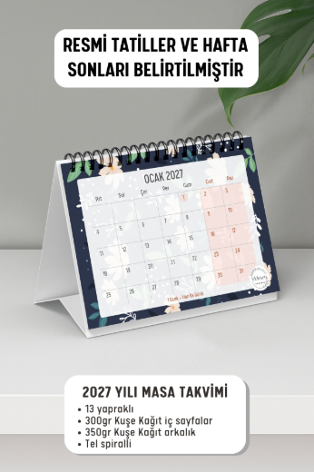 Beyaz Çiçekli 2027 Yılı Aylık Masa Takvimi Spiralli A6 resmi