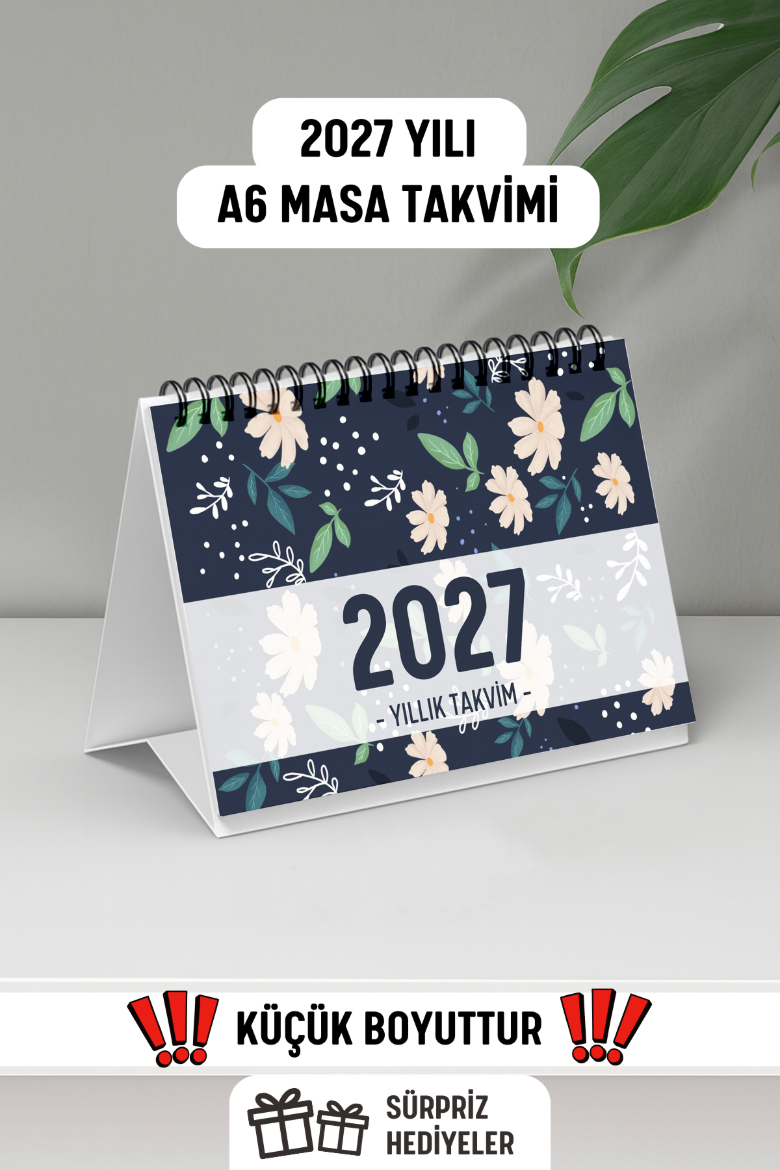 Beyaz Çiçekli 2027 Yılı Aylık Masa Takvimi Spiralli A6 resmi