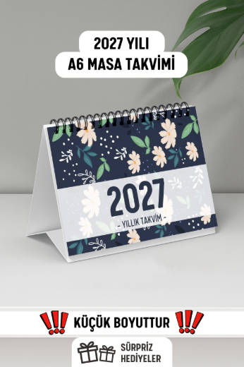 Beyaz Çiçekli 2027 Yılı Aylık Masa Takvimi Spiralli A6 resmi