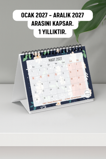 Beyaz Çiçekli 2027 Yılı Aylık Masa Takvimi Spiralli A6 resmi
