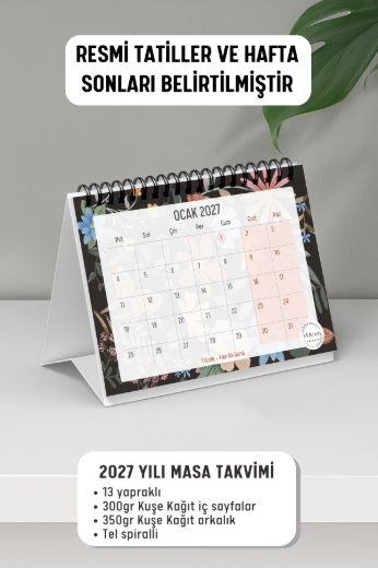 Kelebekli 2027 Yılı Aylık Masa Takvimi Spiralli A6 resmi