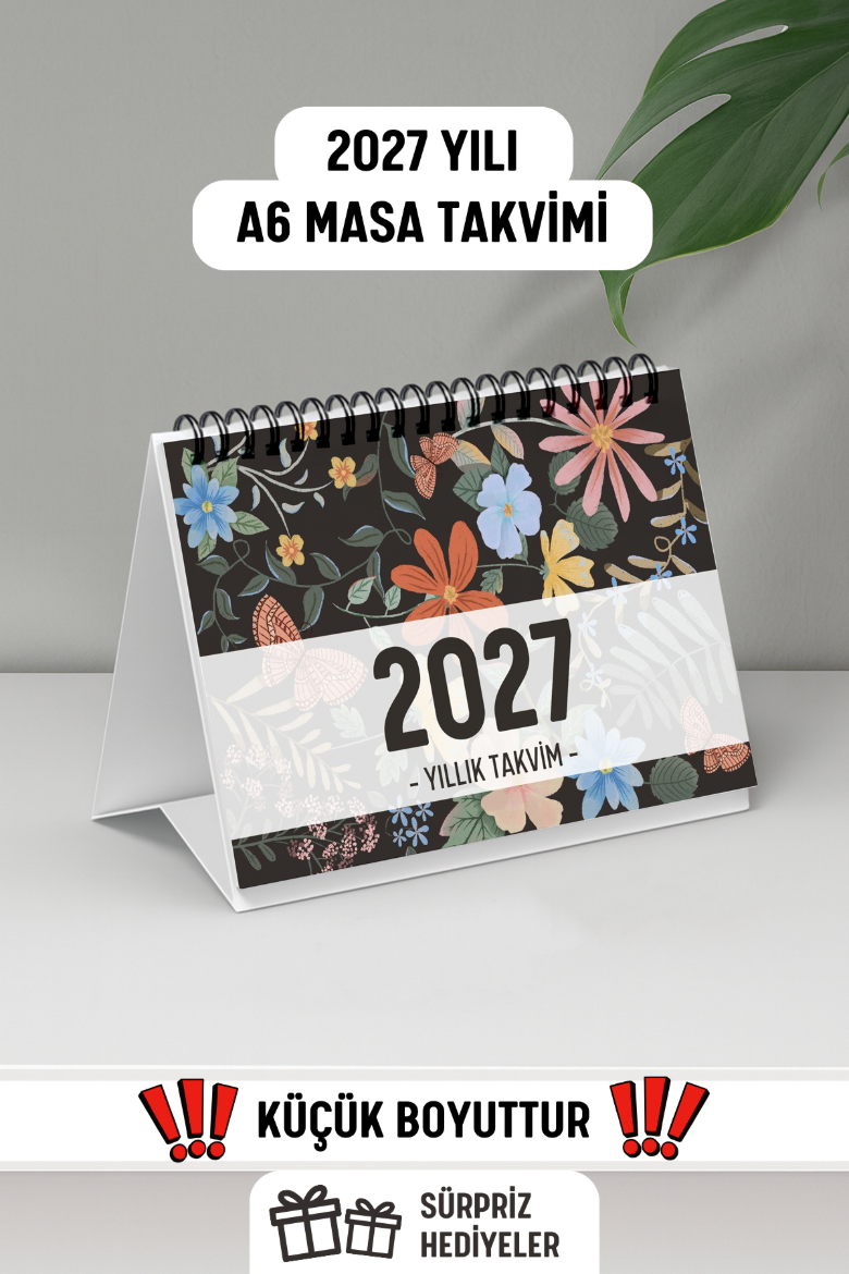 Kelebekli 2027 Yılı Aylık Masa Takvimi Spiralli A6 resmi