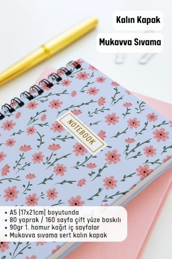 Pembe Çiçekli Kalın Kapaklı A5 Defter resmi