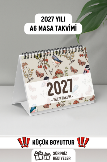 Mantar ve Kuş 2027 Yılı Aylık Masa Takvimi Spiralli A6 resmi
