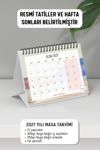 Mavi Boho 2027 Yılı Aylık Masa Takvimi Spiralli A6 resmi