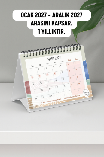 Mavi Boho 2027 Yılı Aylık Masa Takvimi Spiralli A6 resmi