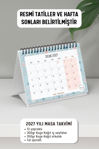 Mavi Çiçekli 2027 Yılı Aylık Masa Takvimi Spiralli A6 resmi