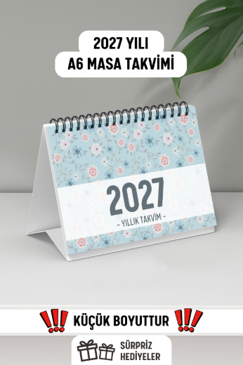 Mavi Çiçekli 2027 Yılı Aylık Masa Takvimi Spiralli A6 resmi