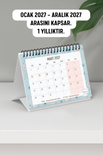 Mavi Çiçekli 2027 Yılı Aylık Masa Takvimi Spiralli A6 resmi