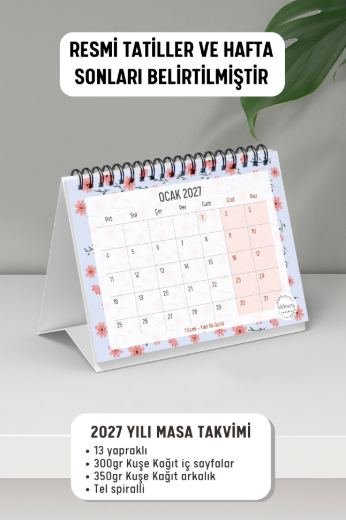 Pembe Çiçekli 2027 Yılı Aylık Masa Takvimi Spiralli A6 resmi