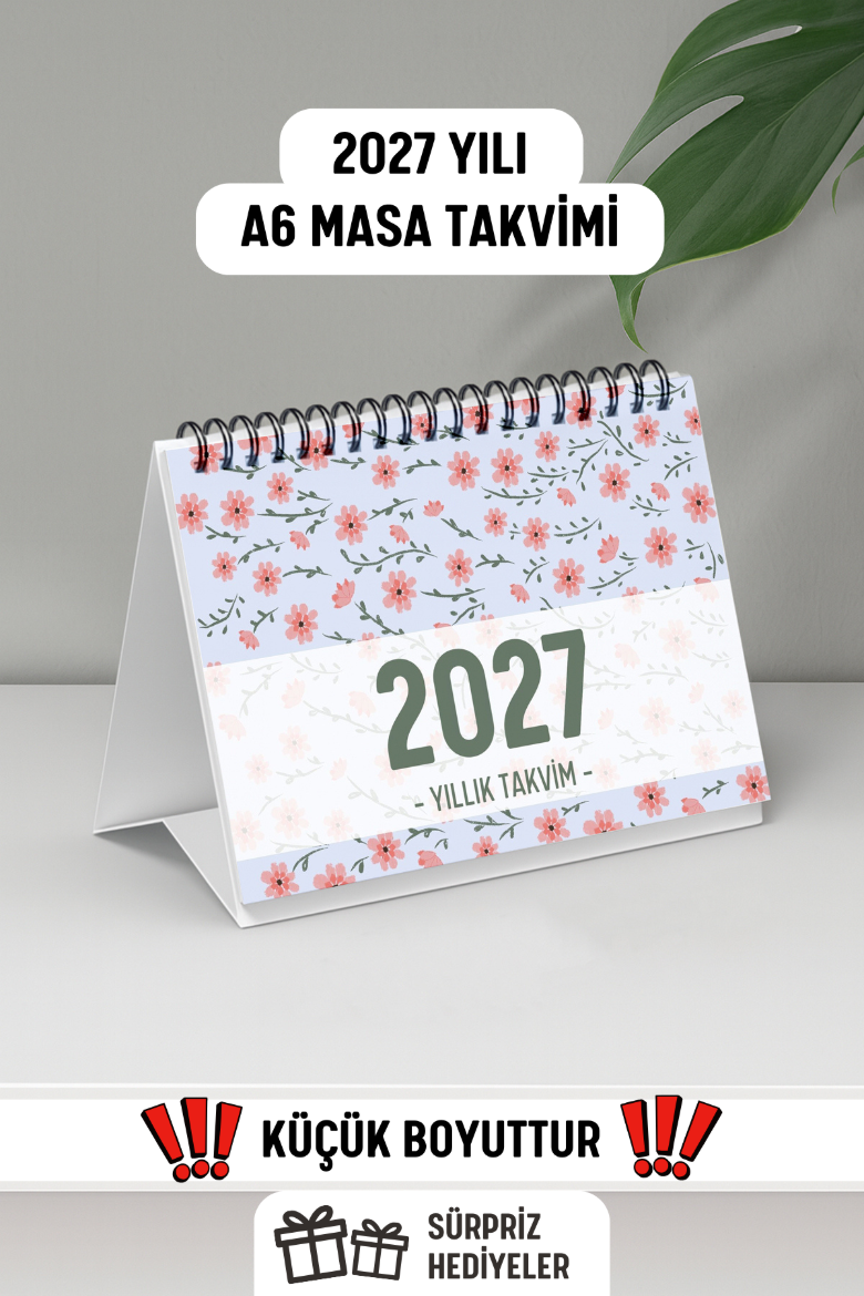 Pembe Çiçekli 2027 Yılı Aylık Masa Takvimi Spiralli A6 resmi