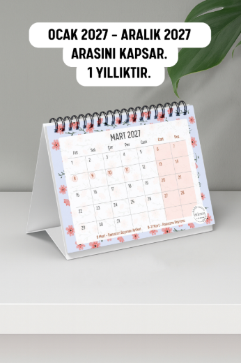 Pembe Çiçekli 2027 Yılı Aylık Masa Takvimi Spiralli A6 resmi