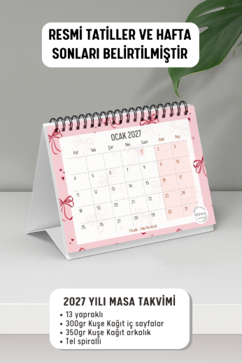 Pembe Fiyonk 2027 Yılı Aylık Masa Takvimi Spiralli A6 resmi