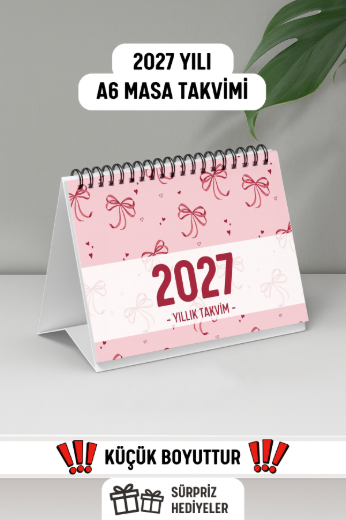 Pembe Fiyonk 2027 Yılı Aylık Masa Takvimi Spiralli A6 resmi
