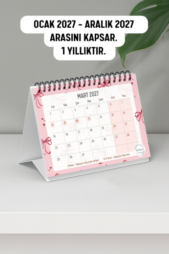 Pembe Fiyonk 2027 Yılı Aylık Masa Takvimi Spiralli A6 resmi