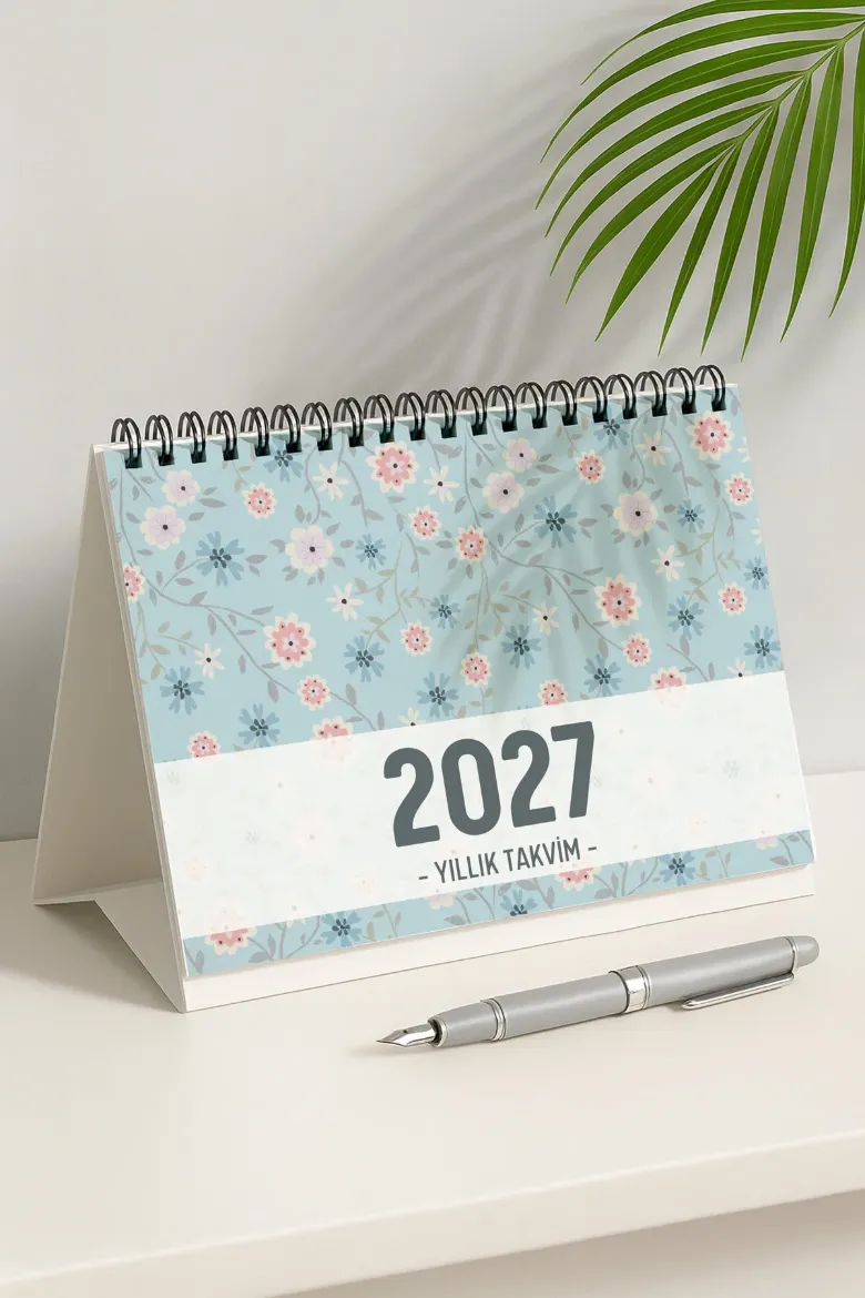 Mavi Çiçek 2027 Yılı Aylık Masa Takvimi Spiralli A5 resmi