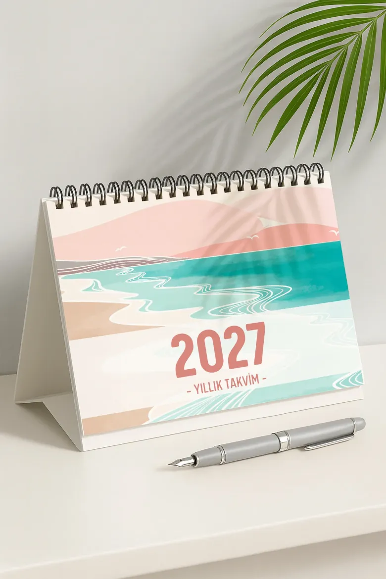 Pembe Boho 2027 Yılı Aylık Masa Takvimi Spiralli A5 resmi
