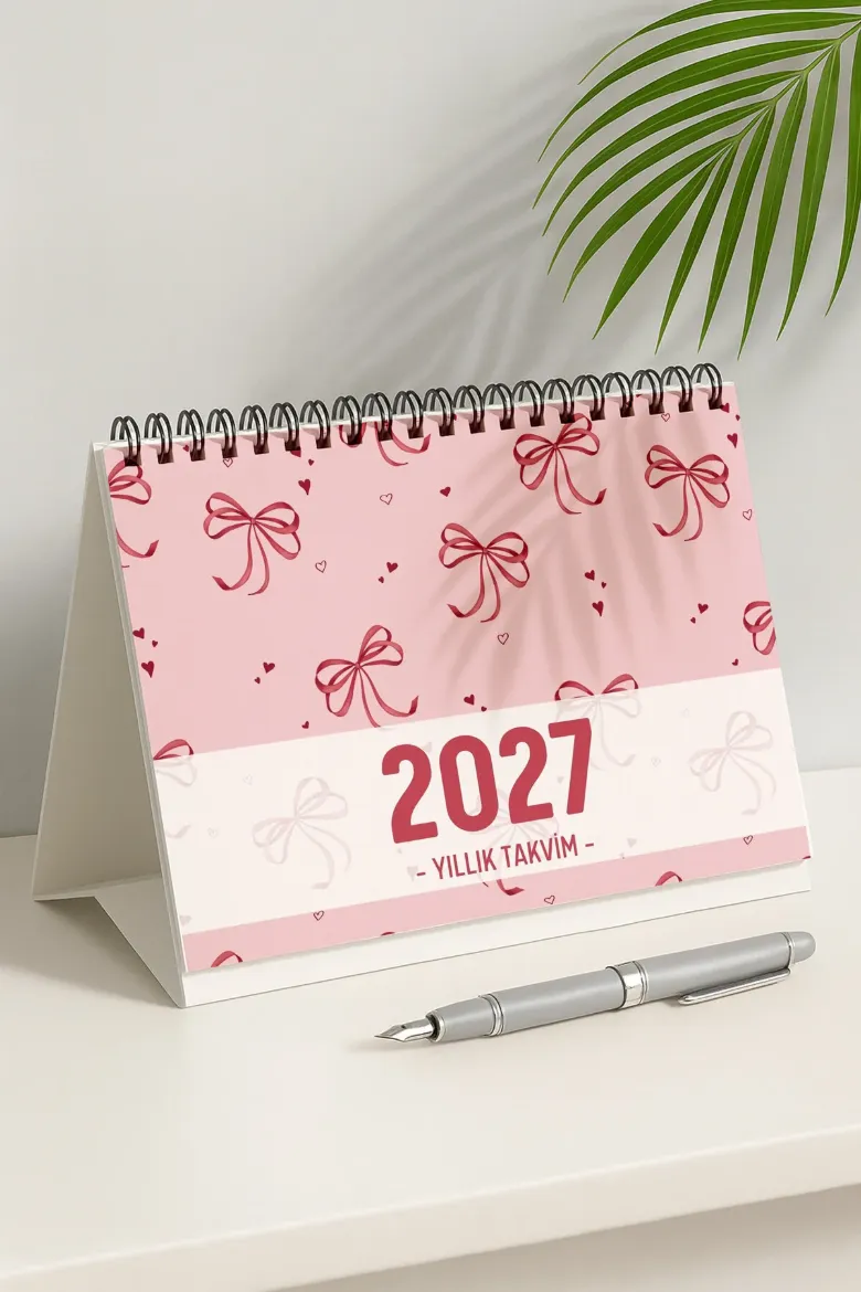 Pembe Fiyonk 2027 Yılı Aylık Masa Takvimi Spiralli A5 resmi