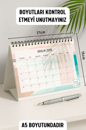 Pembe Boho 2026 Yılı Aylık Masa Takvimi Spiralli A5 resmi