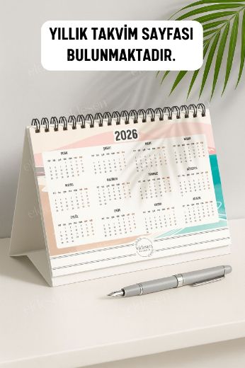 Pembe Boho 2026 Yılı Aylık Masa Takvimi Spiralli A5 resmi
