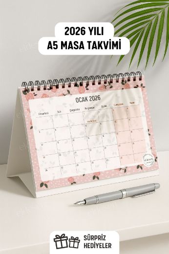 Pembe Çiçek 2026 Yılı Aylık Masa Takvimi Spiralli A5 resmi