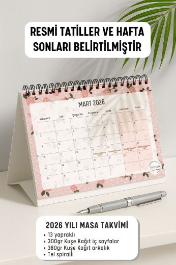 Pembe Çiçek 2026 Yılı Aylık Masa Takvimi Spiralli A5 resmi