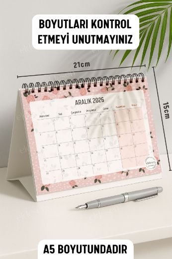 Pembe Çiçek 2026 Yılı Aylık Masa Takvimi Spiralli A5 resmi