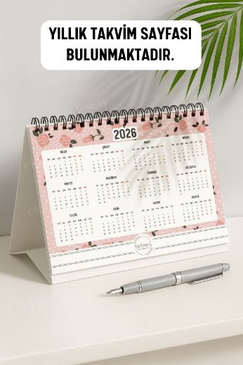 Pembe Çiçek 2026 Yılı Aylık Masa Takvimi Spiralli A5 resmi