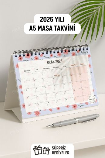 Pembe Mavi Çiçek 2026 Yılı Aylık Masa Takvimi Spiralli A5 resmi