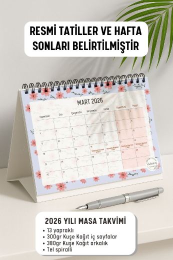 Pembe Mavi Çiçek 2026 Yılı Aylık Masa Takvimi Spiralli A5 resmi