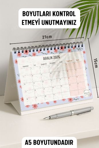 Pembe Mavi Çiçek 2026 Yılı Aylık Masa Takvimi Spiralli A5 resmi