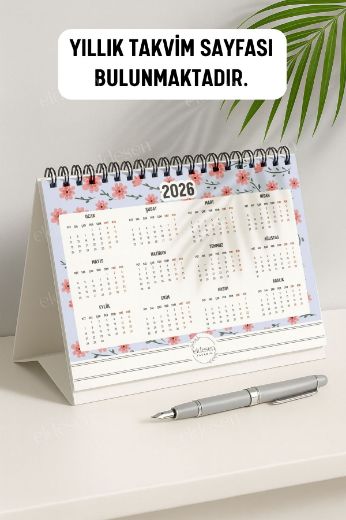 Pembe Mavi Çiçek 2026 Yılı Aylık Masa Takvimi Spiralli A5 resmi