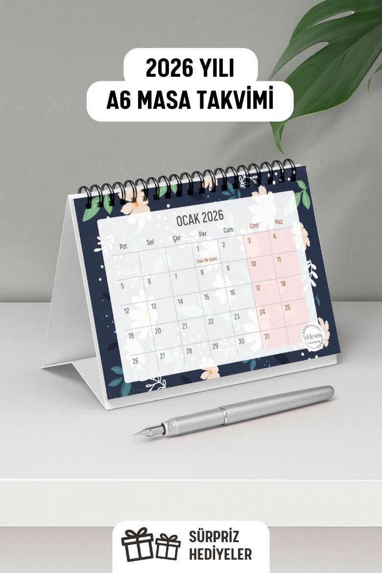 Beyaz Çiçekli 2026 Yılı Aylık Masa Takvimi Spiralli A6 resmi