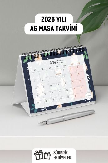Beyaz Çiçekli 2026 Yılı Aylık Masa Takvimi Spiralli A6 resmi