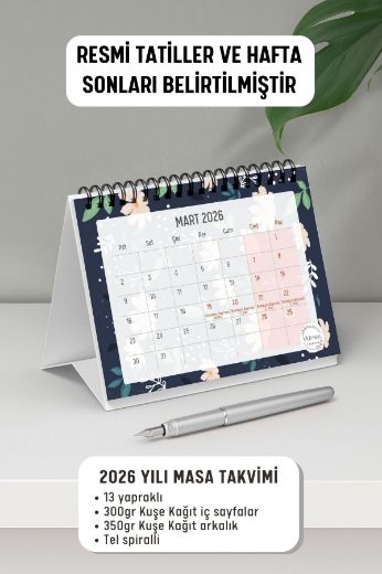 Beyaz Çiçekli 2026 Yılı Aylık Masa Takvimi Spiralli A6 resmi