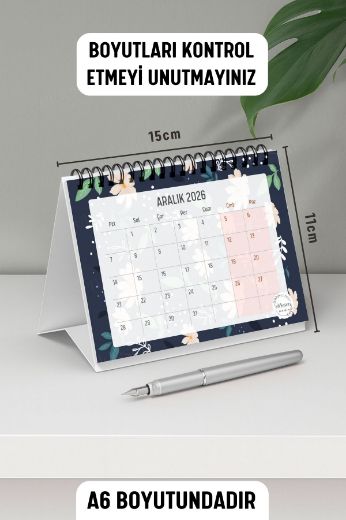 Beyaz Çiçekli 2026 Yılı Aylık Masa Takvimi Spiralli A6 resmi