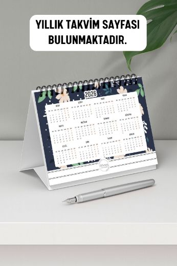 Beyaz Çiçekli 2026 Yılı Aylık Masa Takvimi Spiralli A6 resmi