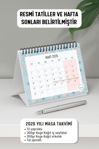 Mavi Çiçekli 2026 Yılı Aylık Masa Takvimi Spiralli A6 resmi