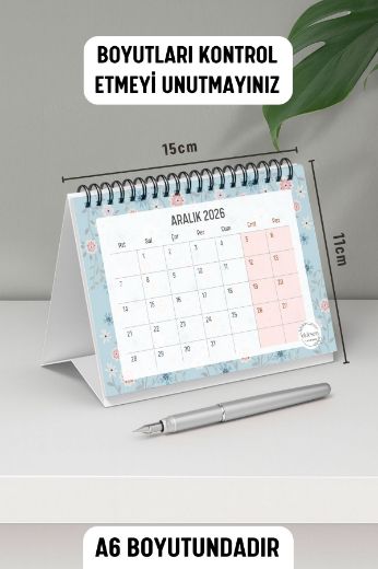 Mavi Çiçekli 2026 Yılı Aylık Masa Takvimi Spiralli A6 resmi