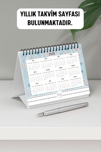Mavi Çiçekli 2026 Yılı Aylık Masa Takvimi Spiralli A6 resmi