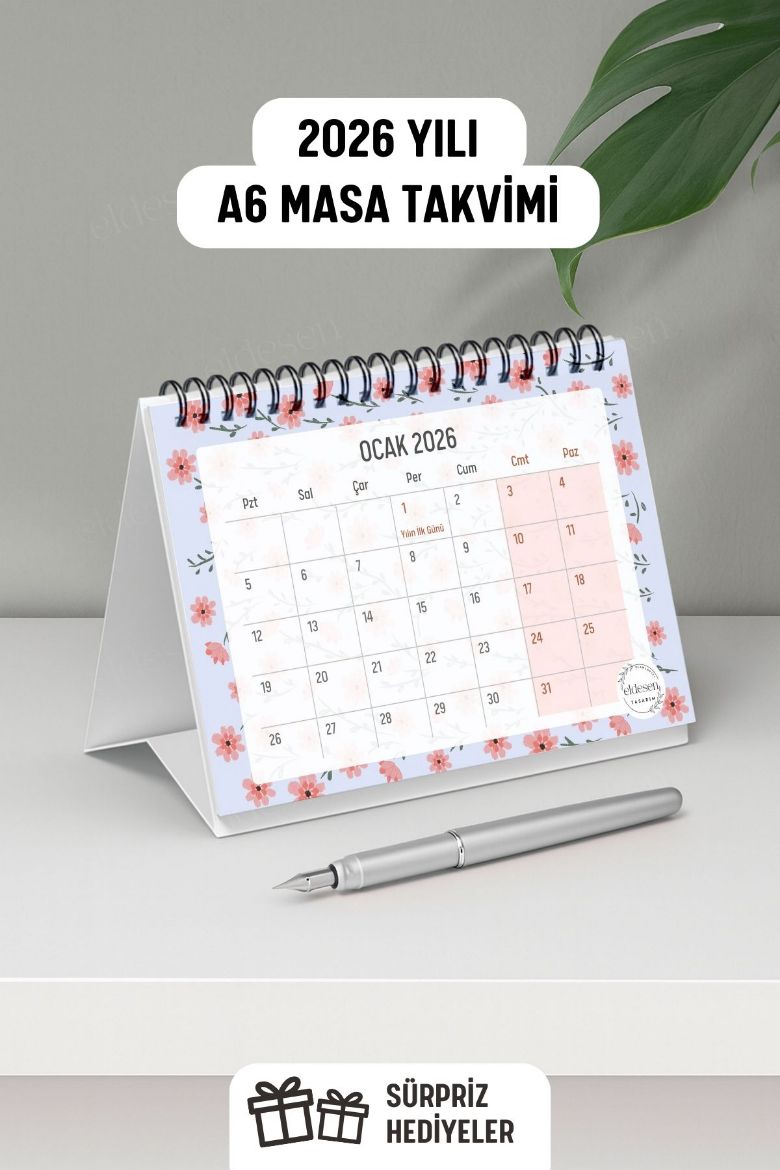 Pembe Çiçekli 2026 Yılı Aylık Masa Takvimi Spiralli A6 resmi