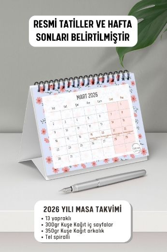 Pembe Çiçekli 2026 Yılı Aylık Masa Takvimi Spiralli A6 resmi