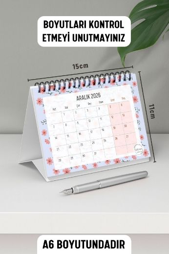 Pembe Çiçekli 2026 Yılı Aylık Masa Takvimi Spiralli A6 resmi