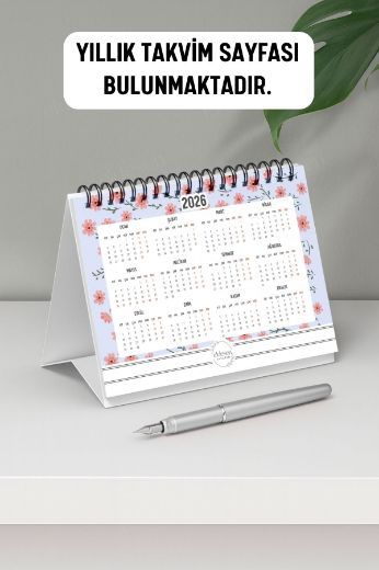 Pembe Çiçekli 2026 Yılı Aylık Masa Takvimi Spiralli A6 resmi