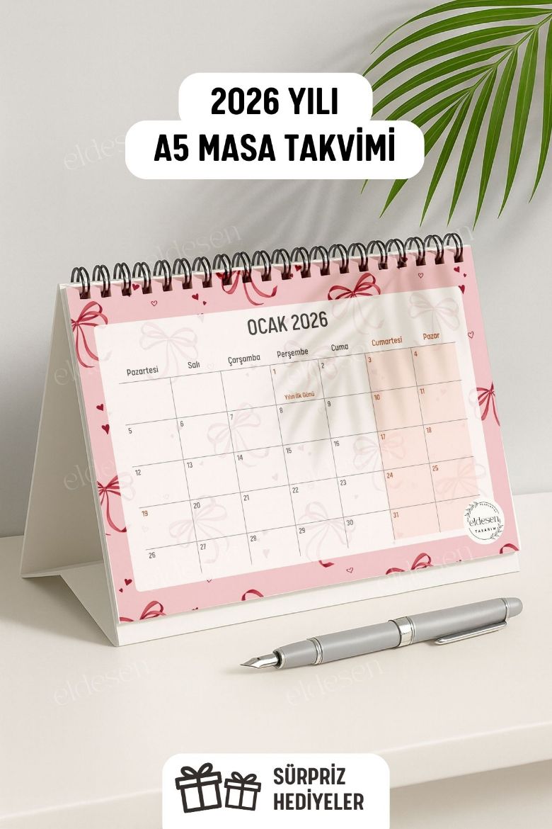 Pembe Fiyonk 2026 Yılı Aylık Masa Takvimi Spiralli A5 resmi