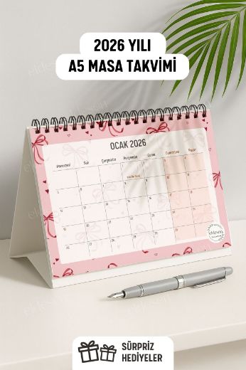 Pembe Fiyonk 2026 Yılı Aylık Masa Takvimi Spiralli A5 resmi