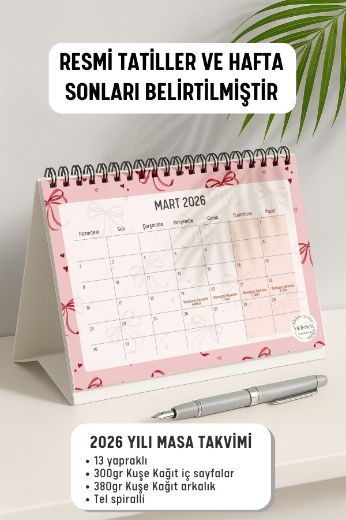 Pembe Fiyonk 2026 Yılı Aylık Masa Takvimi Spiralli A5 resmi
